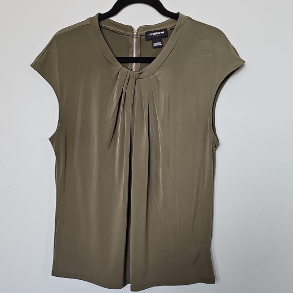 Liz Claiborne Dressy Office Olive Green Pleated Blouse with Cap Sleeves Large - Picture 1 of 7